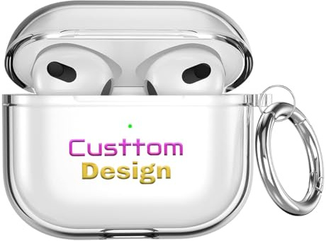 Transparente Schutzhülle für AirPods der 3. / 3. Generation, mit Karabiner-Schlüsselanhänger, personalisierbar, weich, stoßfest, für Apple iPods 3. Generation, Foto-Logo, personalisierbar, transparent