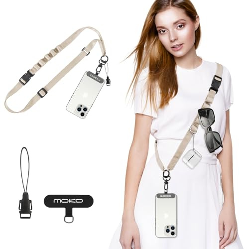 MoKo Universal Phone Lanyard, Nylon Adjustable Cell Phone Crossbody Strap Detachable Women & Men Cellphone Lanyards Around the Neck with Patches for iPhone, Most Smartphones, Khaki