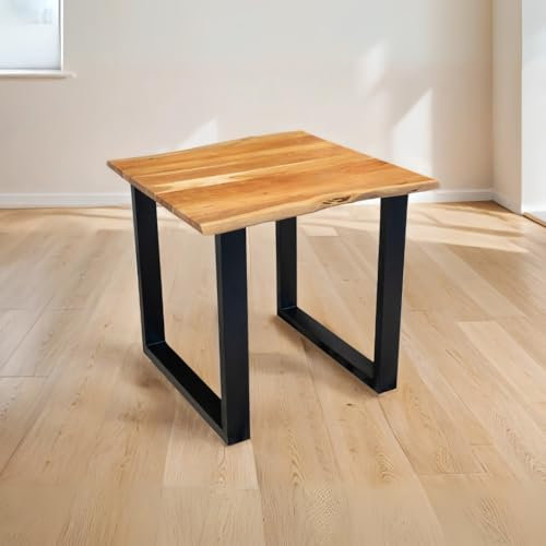 trelevo Esszimmertisch 80x80 cm, Akazienholz massiv 26mm, Tischplatte naturfarben, echte Baumkante, U-Gestell schwarz, Baumkantentisch