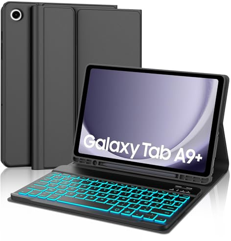 IVEOPPE Clavier Samsung Tab A9 Plus 11 2023, Rétroéclairage 7 Couleurs, AZERTY Français Étui Clavier Magnétique Bluetooth sans Fil Etui Housse pour Samsung Tab A9 Plus (SM-X210/X216/X218), Noir