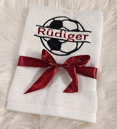 Handtuch mit Namen und Motiv Fussball bestickt Hobby Fussball-Fan Fussballspieler Kinder-Handtuch Geschenk Verein Geburtstag Ball Vereins-Geschenk Duschtuch Badetuch Waschlappen Fanartikel Männer