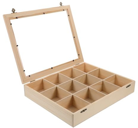 OSOLADY Holz Aufbewahrungsbox Mit 12 Fächern Und Transparentem Deckel Gesteins Und Mineraliensammlung Organizer Stabile Probenbox Für Stein Display Und Mineralienpräsentation