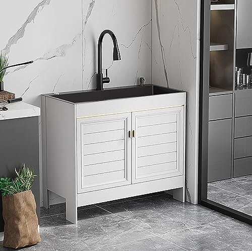 VUIKLCty Évier de Service sur Pied Évier de Service for buanderie Évier de Cuisine sur Pied avec placards avec Robinet et étagère de Rangement(Pull Faucet,75x45x80cm)