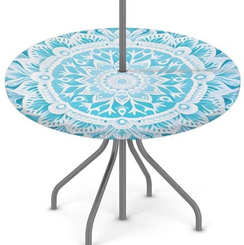 Woltant Nappe ronde avec trou de parasol et fermeture éclair facile à nettoyer avec bords élastiques - Protection de table d'extérieur pour jardin, terrasse, barbecue (mandala bleu sarcelle)