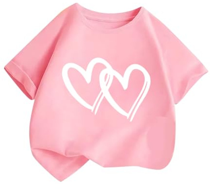 Mjjsk – T-shirts pour filles – Enfants – Été – Élégant – Manches courtes – T-shirt graphique – Motif cœur mignon – Doux – Respirant – T-shirts confortables – Hauts tendance, rose, 12-14 ans
