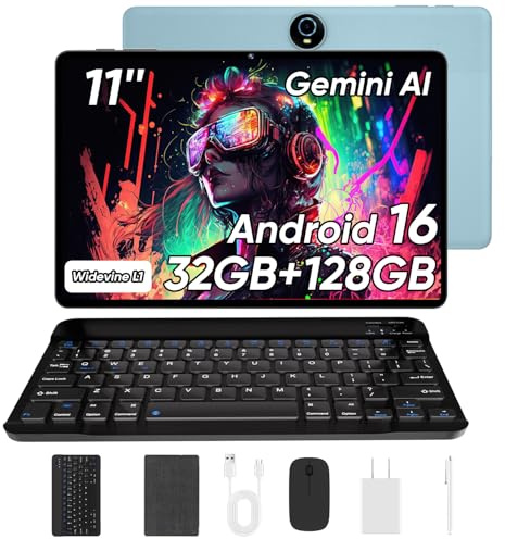 WXUNJA Android 16 Tablet with Keyboard, 11 Inch, 32GB RAM+128GB Storage, 1TB Expand, 8000mAh Battery, 5MP+8MP Camera, Dual Band WiFi 6, IPS Touch Screen, Mouse/Stylus/Case/Charger Inside, Light Blue