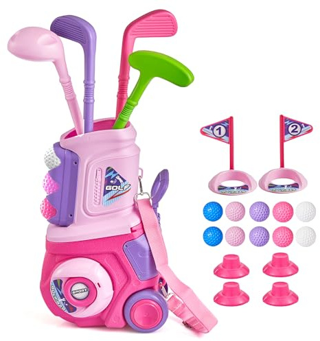 PJG Set da golf per bambini, mazze da golf in plastica per bambini 3-5 con 4 mazze da golf e 10 palline, giocattoli da golf per interni ed esterni, con carrello, per bambini e bambine di 1 2 3 4 5
