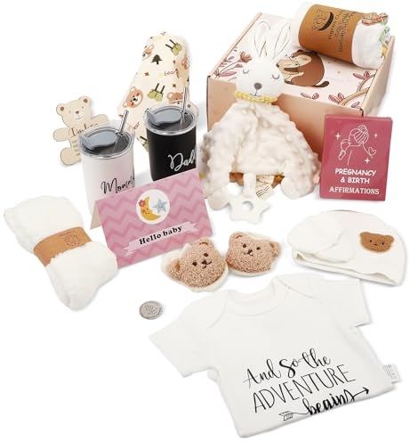 Eirolace Set regalo per neonato, cestino per neonato, 15 in 1, con pagliaccetto, piumino, tazza, coperta, bavaglino, calzini e guanti, regalo per baby shower per bambini e bambine