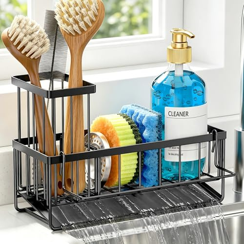 OERPHO Schwammhalter für die Küchenspüle, Rostfreier Küchenspülen-Organizer für Schwamm, Seife, Spülbürste, Scheuerschwamm, Aufbewahrungszubehör (24,5 x 9,4 x 16,5 cm, Schwarz)