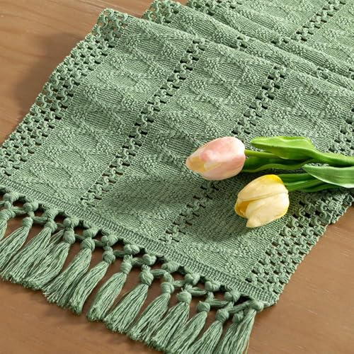 Zuuyye Tischläufer Modern Vintage, Salbeigrün Boho Makramee mit Fransen, Baumwolle-Leinen Tischdecke 30x140 cm für Hochzeit Party Deko