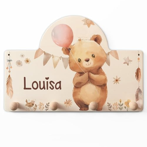 GRAVURZEILE Personalisierte Kindergarderobe - Bär - Personalisiert mit Name - Garderobe aus Holz mit 4 Kleiderhaken für Baby & Kleinkinderzimmer - Geschenk für Mädchen & Jungen