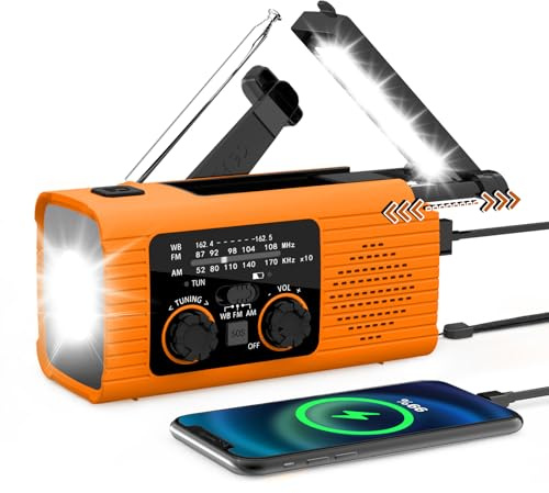 Emergency Solar Hand Crank Radio with LED Flashlight, Reading Light, Battery Backup, SOS Alarm, and Cellphone Charger for Outdoor Use