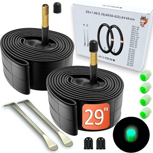 Cykelslang 29 tum | set om 2 med bilventil AV/Schrader 48 mm | 29 x 1,90–2,35 | Tillbehör för MTB & trekking inklusive däcklyftning och ventilkåpor