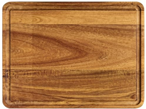 Planche à découper en bois d'acacia, grande 16 x 12 x 0,8 in, planche à découper en bois naturel, planche de coupe avec rigole à jus pour viande et légumes, surface lisse et finition soignée
