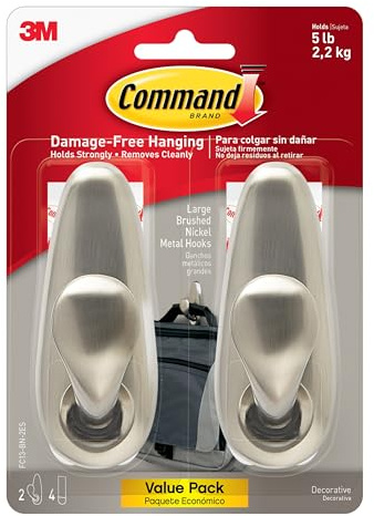 Command 5 lb Large Brushed Nickel Metal Hooks, 2 Coat Hooks and 4 Strips, Damage-Free Hanging with Adhesive, Great for Hanging Home and Room Decor