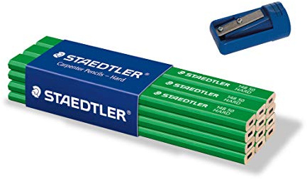 Staedtler 148 50 - Matita da Carpentiere (Ottagonale, durezza Dura, per Tratti di Larghezza 1-2 mm, Non Appuntita, 175 mm di Lunghezza, Alta qualità, in Legno Ecologico FSC), 12er Pack + Anspitzer
