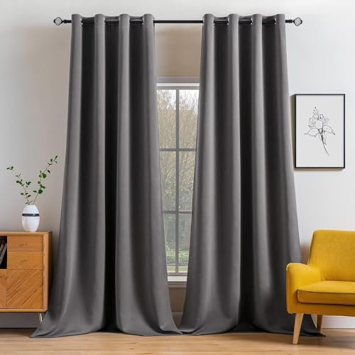 MIULEE Grey Blackout Curtains for Living Room 2 Panel Set, Premium Eyelet Curtains for Bedroom, Thermal Insulated Window Curtain Drapes, Black Out Curtain 102 Drop, Each Panel 55 x 102 Inches