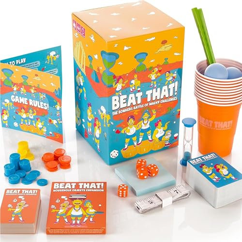 Gutter Games Beat That Family Board Games - Fun Party Family Game for Adults and Kids - 240 Challenge Cards with Main Game and Expansion Pack Combo - Skill-Based Beats and Garden Games Set