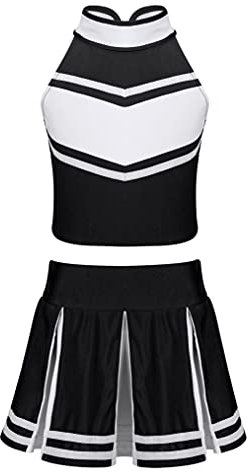 Freebily Kinder Mädchen Cheerleading Kostüm Outfit Ärmellose Crop Tops mit Reißverschluss und Faltenrock Schulmädchen Cosplay Kleidung Set Schwarz 176/16 Jahre