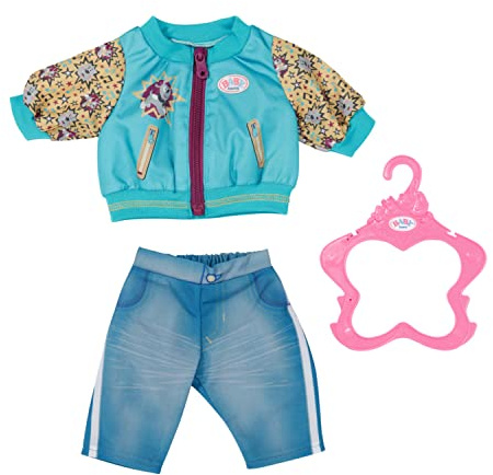 BABY Born 833599 Outfit mit Jacke 43cm - Puppenkleidung Set bestehend aus Blauer Jeans-Hose, türkiser Jacke und Kleiderbügel