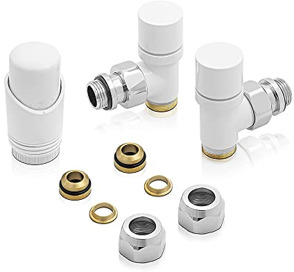 Coppia valvole per termoarredo in acciaio bianco con raccordi per tubi in rame 12 mm, COMPLETA di testa termostatica con sensore a liquido
