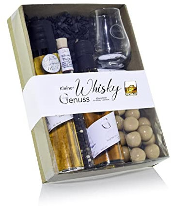 Ein Geschenk-Set für Männer und Whisky-Liebhaber: KLEINER WHISKY GENUSS von Genial Genießen, eine Kollektion aus fünf besonderen Whisky Produkten inkl. Nosing Glas - Geschenk für Geburtstag, Vatertag