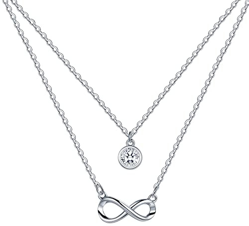 REIOT Damen Silber Halskette, Doppelkette aus 925er Sterlingsilber mit Zirkonia Anhänger, Muttertag Geburtstagsgeschenk für Mama Damen, Kettenlänge 45 + 5 cm