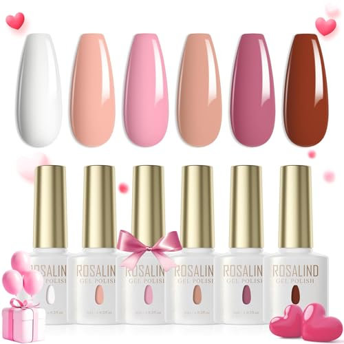 ROSALIND UV Nagellack Pastell,6 Farben Weiß Nude Rosa Braun jelly Set Farbgel für Gelnägel Soak Off UV LED Gel Nail Polish Valentinstag Lacke Für UV Lampe Salon Design Kit