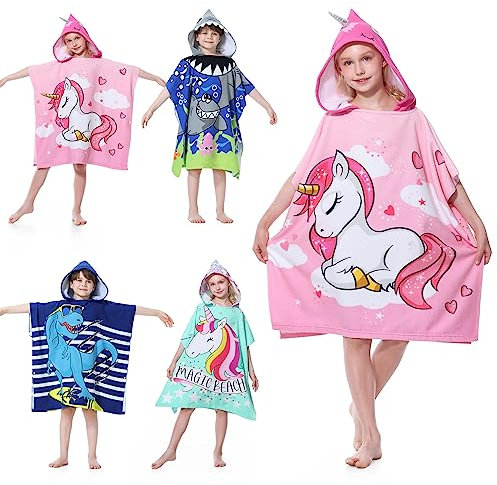 MOKANI Kids Hooded Poncho Towels, Beach Changing Robe Bath Towel Poncho for Swimming Pool, Microfiber Soft and Large Bathrobe for Girls Boys Children 6-14 Years Old - Pink Unicorn