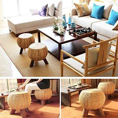 Runder Fußhocker mit Holzbeinen, gepolsterte Fußstütze für Wohnzimmer, Flur, Anziehen und Make-up, Rattan-Ottomane mit Weiden-Pouf (Farbe B)