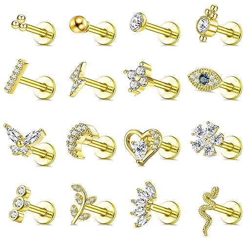 JeweBella 16 Stück 16G Helix Tragus Piercing Knorpel Ohrringe für Damen Chirurgenstahl Innengewinde CZ Mond Herz Blatt Medusa Labret Piercing Nasenstecker Lippenpiercing Helix Piercing Ohr