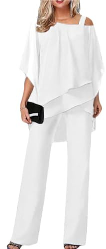 Shownicer Damen Tüll Abendanzug Set - Zweiteiler Chiffon Shirt Und Hohe Taille Hosenanzug Elegant Vintage 2-Teiliges Outfit für Cocktail Party Festlich - B Weiß L