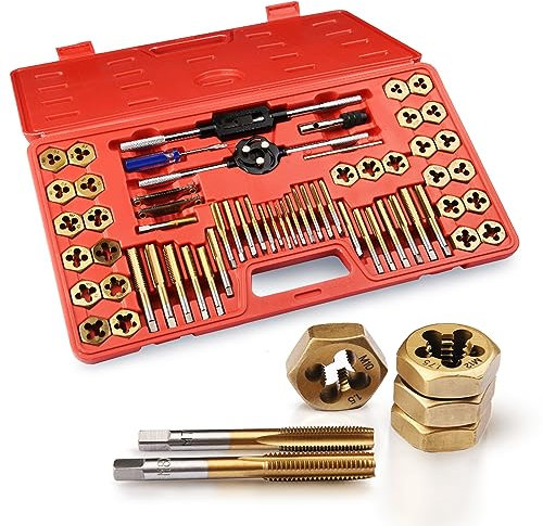 KPKL 60-teiliges Gewindebohrer- und Schneideisen-Set (Titanschicht/Sechskant-Plattenzähne) - inklusive SAE-Zoll-Größe #4 bis 1,27 cm und metrische Größe M3 bis M12, Grob- und Feingewinde,