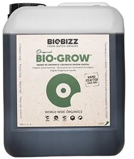 GROWMANIA Fertilizante Bio Grow de BioBizz 5 L + Muestra Boost Up de Up Nutrients + Vaso Medidor | Abono 100% Orgánico para Etapa de Aumento de Plantas y Cultivos | Sustrato Natural Todo Tipo Tierras