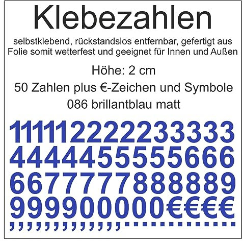 Aufkleber Sticker Klebezahlen Klebezahl Zahlen Zahl Nummern aus Folie 50 Zahlen blau brillantblau matt Höhe 2 cm selbstklebend wetterfest Nummerierung Preisauszeichnung Beschriftung Modellbau