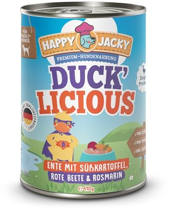 HAPPY JACKY | extra sensitives High-Premium Nassfutter für Hunde ohne Getreide | Ente mit Süßkartoffel, Rote Beete & Rosmarin | ohne Konservierungsstoffe, Zuckerfrei | 6x410g