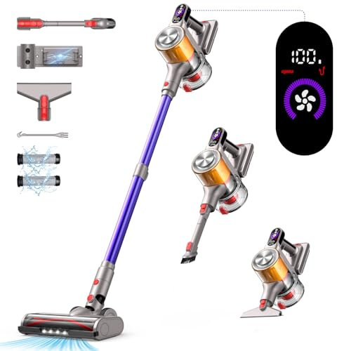 Akku Staubsauger, 45000Pa/550W Staubsauger Kabellos, 60 Min Laufzeit mit Wandmontiertes Laden, Duftkarte, 1.8L Cup, LED Display, Anti-Tangle-Bürste