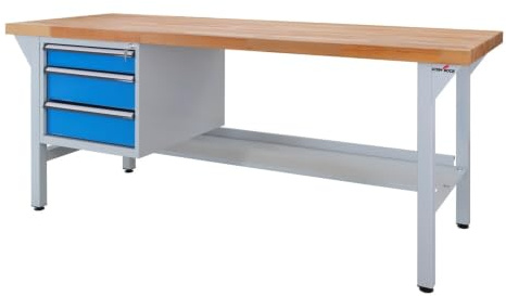 Steinbock Werkbank 3 Schubladen | 200x85x75 cm | 500 kg | Blau | 500 kg Tragkraft | 5 cm geölte Massivholz-Arbeitsplatte aus Buche | stabiles Stahlgestell | Werktisch | Made in EU