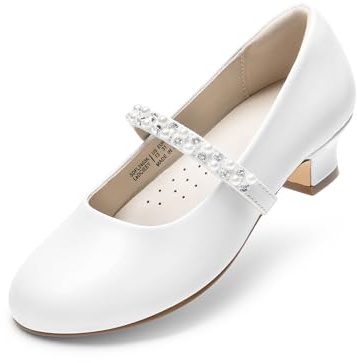 DREAM PAIRS Girls Party Shoes Low Heels for Little Big Girl Mary Jane Shoes with Pearl Rhinestones Flower Girl Pumps Princess Wedding,Size 11 Little Kid,White,SDFL2403K