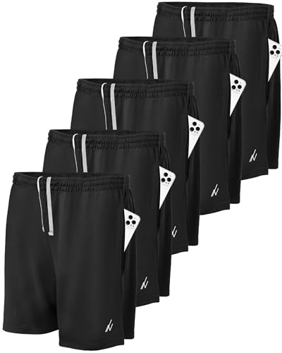 NY Threads 5 Pack Men's Athletic Shorts Quick Dry Loose-Fit Lightweight Running Workout Gym Shorts with Pockets, Large, 5 Black