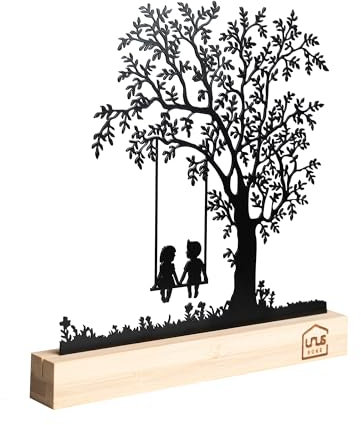UNUS Deko-Baum Aufsteller, Kinder auf der Schaukel, Aufsteller aus schwarzem Metall mit Bambus-Sockel, Deko für Fensterbank, Esstisch, Wohnzimmer, Frühlingsdekoration