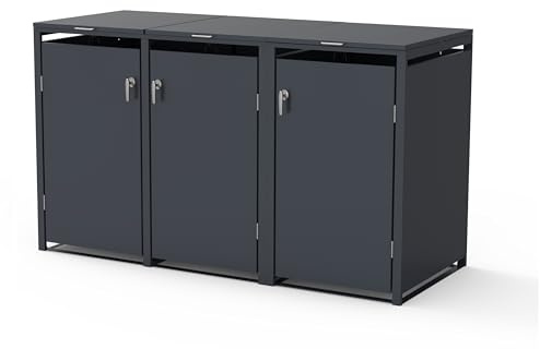 SCHARTEC® Mülltonnenbox 3er in anthrazit Einhandbedienung & erweiterbar 240l Mülltonnenverkleidung für 3 Tonnen Mülltonnen Sichtschutz Unterstand