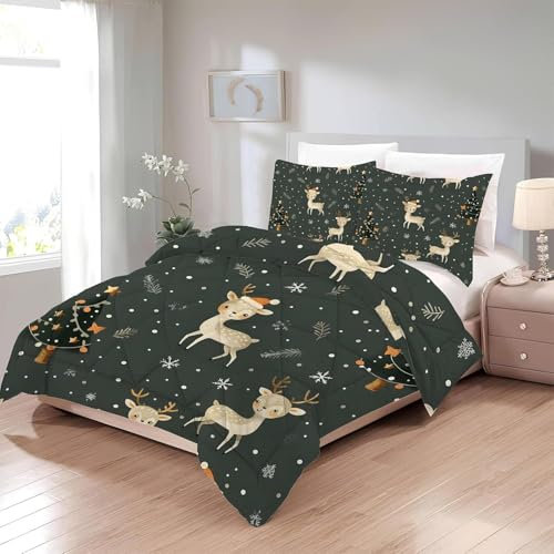 Bettdecke 200x220 Ohne Bezug Nutzbar, Hirschschneeflocken Bettdecken Waschbar Ganzjahresdecke Weihnachten 4 Jahreszeiten Steppdecke, Bettzeug Microfaser mit 2 Kissenbezug für Sommer Winter Doppelbett