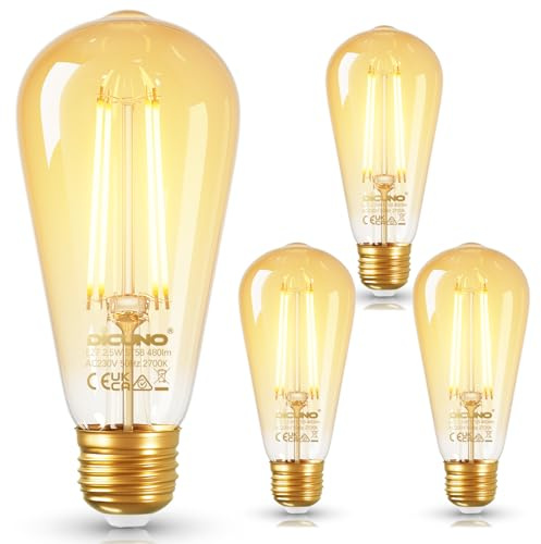 DiCUNO Vintage Light Bulb E27 Edison Screw Bulb ST58, 2.5W Equivalent to 40W, Energy Efficiency Class B Filament Glass LED, Warm White 2700K, 480LM, Non-dimmable, 4 Pcs