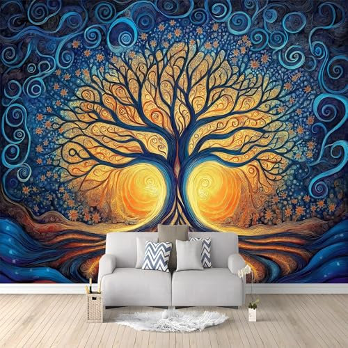 Fotomural Árbol De La Vida Abstracto Papel pintado pared salón dormitorio Azul Naranja Papel pintado de pared no tejido 250 x 175 cm