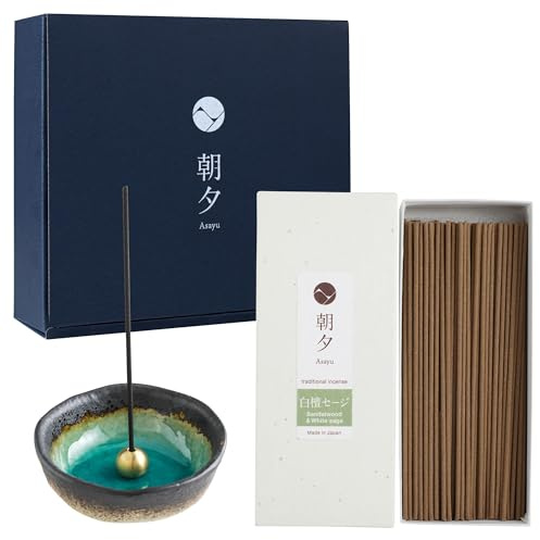 Asayu Japan rökelsestavar, presentset med rökelsehållare och mässingsstativ – mini-akvamarin rökelsehållare sandelträ och vit salvia-blandning rökelsepinnar