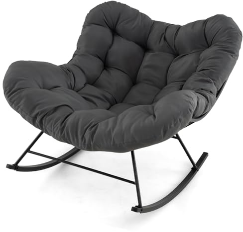 COSTWAY Outdoor Rocking Chair, Oversized Patio Wicker Egg Chair with Thick and Removable Cushion, Rattan Comfy Rocking Lounge Chairs for Living Room, Balcony & Yard (Grey, 110 x 95 x 94 cm)