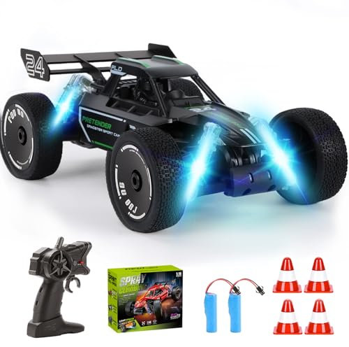 BuzzoXerex 1:18 Coche Teledirigido para Niños, 2.4GHz Carro telecomandado con Función de pulverización LED, 2WD 15KM/H Offroad RC Truck RC Coche para de 6+ años (Negro)