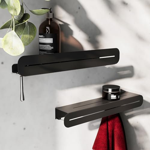 Estantería de Pared para baño con Ganchos, Juego Moderno de 2 Piezas – Estante de Ducha y Estante con toallero de Metal Negro con Recubrimiento en Polvo – Ducha, baño, Cocina, Pasillo - sin Taladro