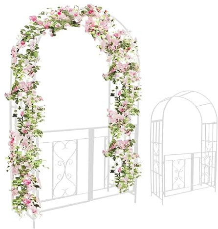 Arche Métal de Jardin, Arcade de Mariage avec Portillon, Arceau À Rosiers Tuteur pour Plantes Grimpantes, Treillis Tonnelle Pergola pour Extérieur Décoration Terrasse 114x210cm(White)
